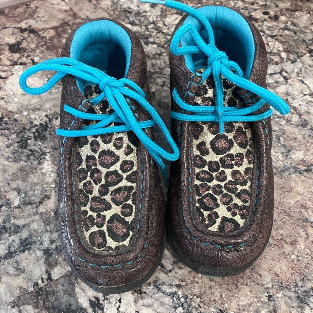 Twister Brown Leopard Kids Moccasins with Blue Laces